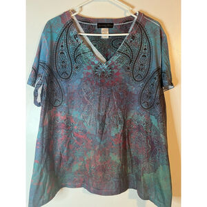 Women's Appropriate Behavior Top 4X Teal Red Paisley V-Neck
